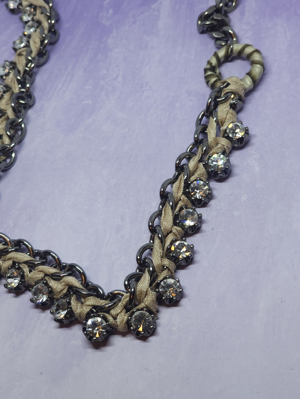 J.Crew Gunmetal Tone Chunky Chain Taupe-colored Ribbon Long Necklace - Picture 3 of 8